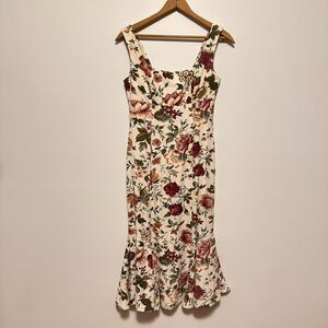 Vtg 90s Rabbit Jr Trumpet Midi Dress Floral Romantic Coquette Wedding Party Date